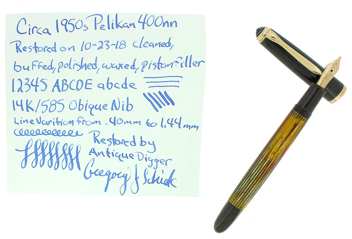 1950S PELIKAN 400NN FOUNTAIN PEN TORTOISE STRIATED CELLULOID OBLIQUE BROAD NIB RESTORED