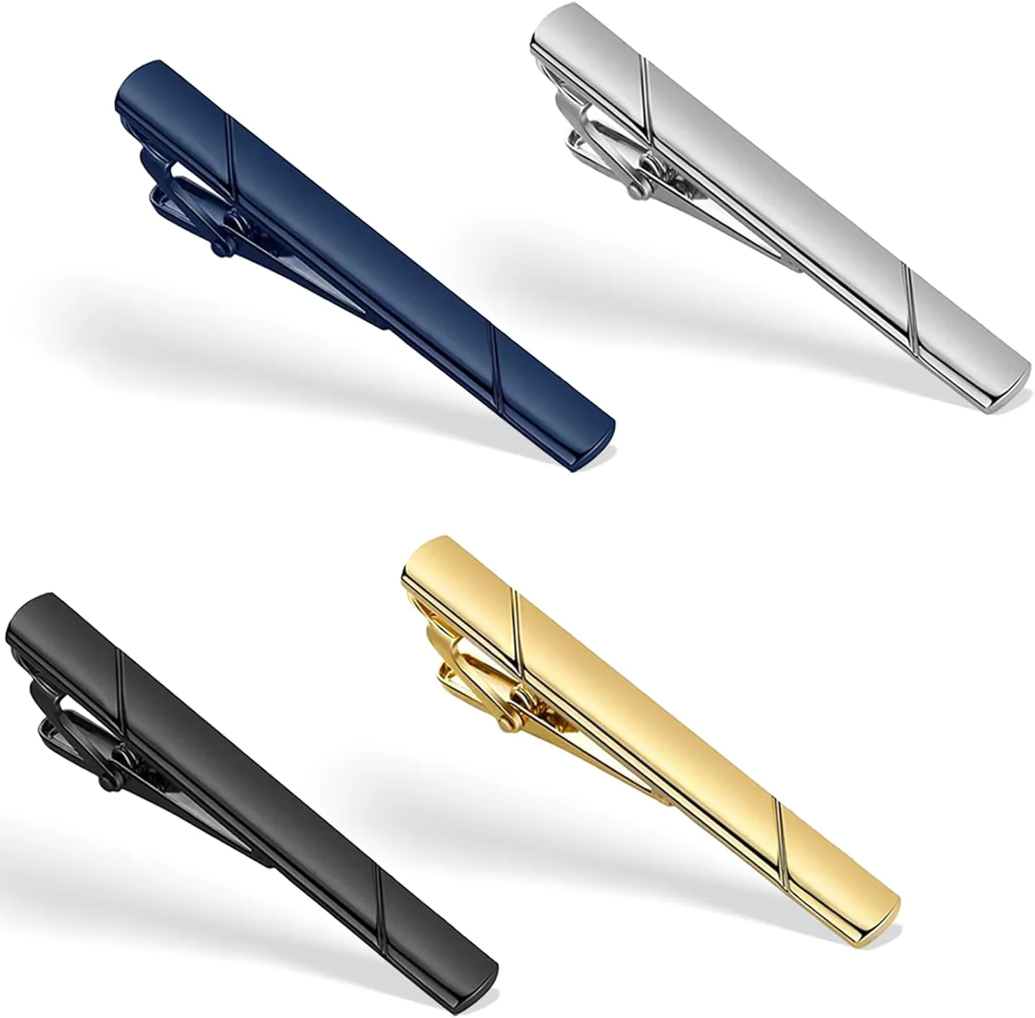 4 Pack Tie Clips for Men  Black, Gold, Blue, and Silver Tie Bar Set for Regular Ties, Elegant Gift Ideas