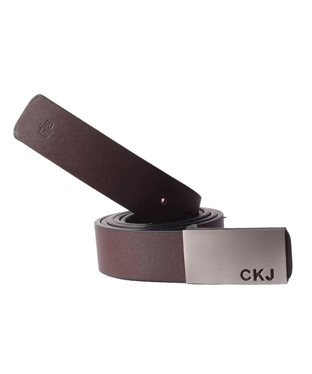 CKJ Calvin Klein Jeans Silver Head Brown Leather Buckle Belt