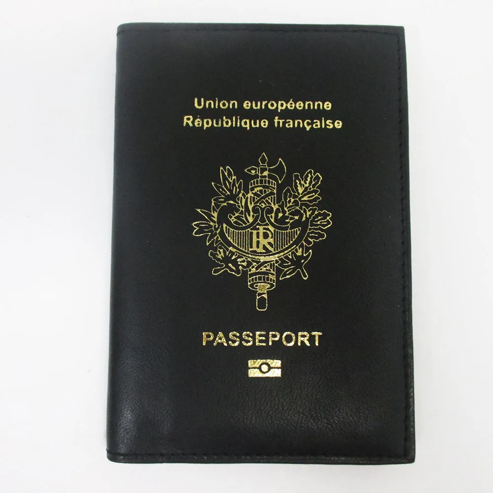 France French Leather Passport Cover Holder Black Wallet Case Card Protector New