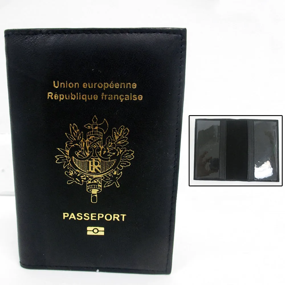 France French Leather Passport Cover Holder Black Wallet Case Card Protector New