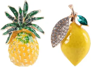GUDEKIKL 2Pcs Cartoon Fruit Rhinestone Brooch Pin, Crystal Fruit Enamel Brooch, Cute Pineapple Badge Lapel Pin, Lemon Drip Oil Brooch Jewelry For Women