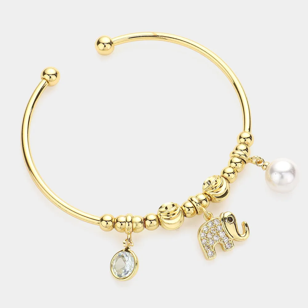 iLLASPARKZ CZ Round Stone Elephant Pearl Charm Cuff Bracelet