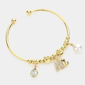 iLLASPARKZ CZ Round Stone Elephant Pearl Charm Cuff Bracelet