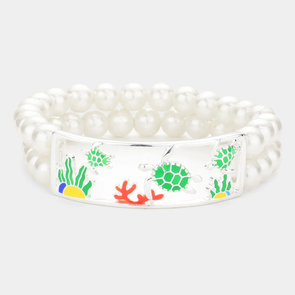 iLLASPARKZ Enamel Turtle Coral Accented Double Layered Pearl Stretch Bracelet