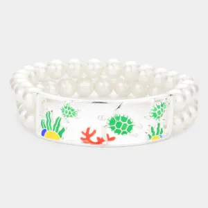 iLLASPARKZ Enamel Turtle Coral Accented Double Layered Pearl Stretch Bracelet