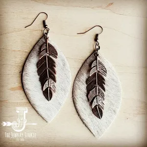 Leather Oval Earrings Tan Hair-on-Hide w/ Copper Feathers