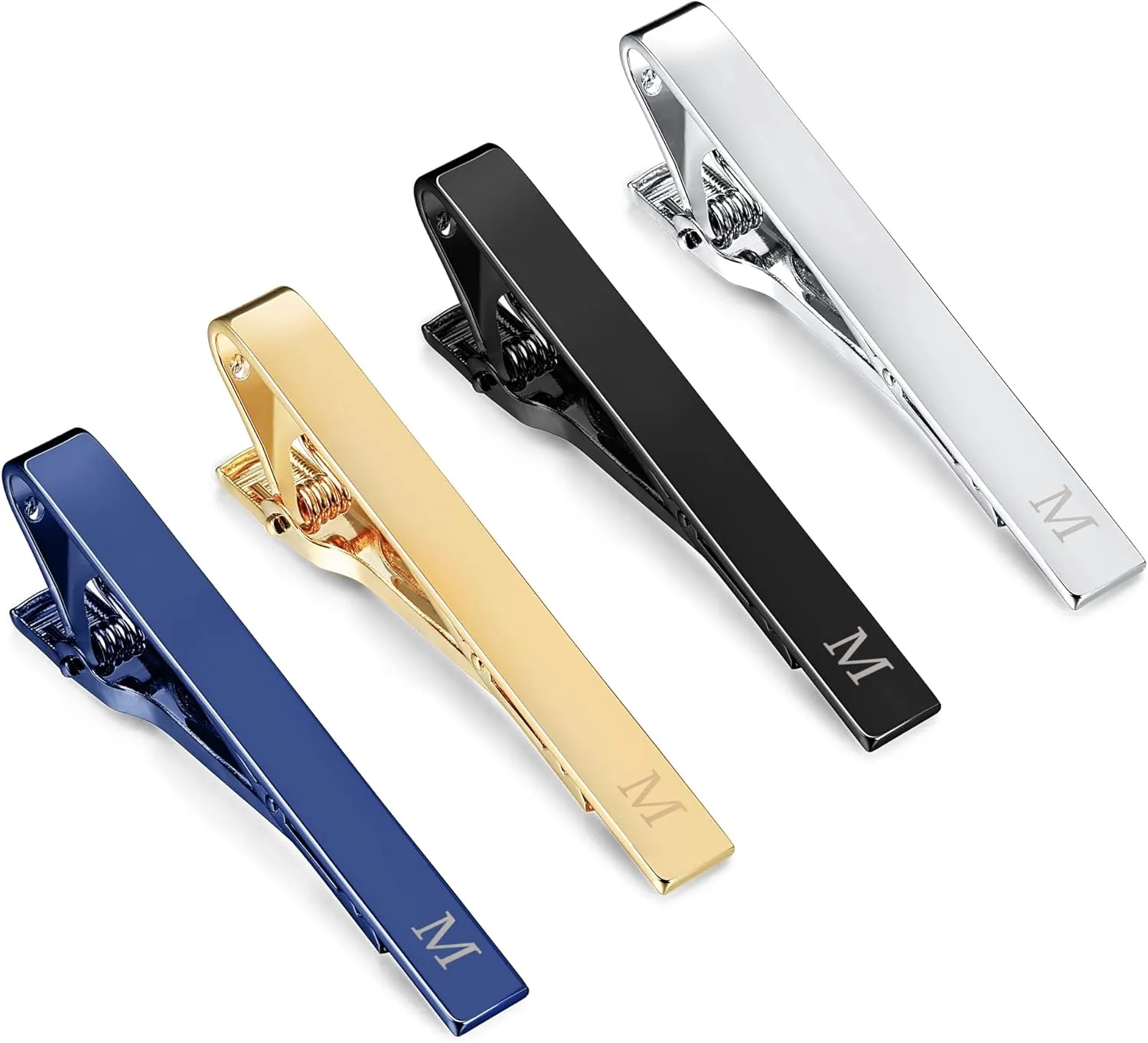 LOYALLOOK 4 Pcs Tie Clips for Men, Black Gold Blue Silver Initial Tie Clip Tie Bar Set, Ideal Gift for Father, Husband, Business, Wedding, Tie Pins with Gift Box