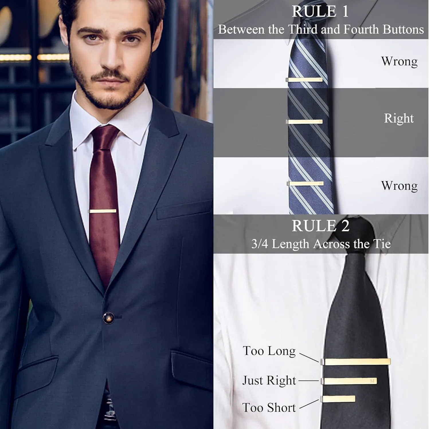 LOYALLOOK 4 Pcs Tie Clips for Men, Black Gold Blue Silver Initial Tie Clip Tie Bar Set, Ideal Gift for Father, Husband, Business, Wedding, Tie Pins with Gift Box