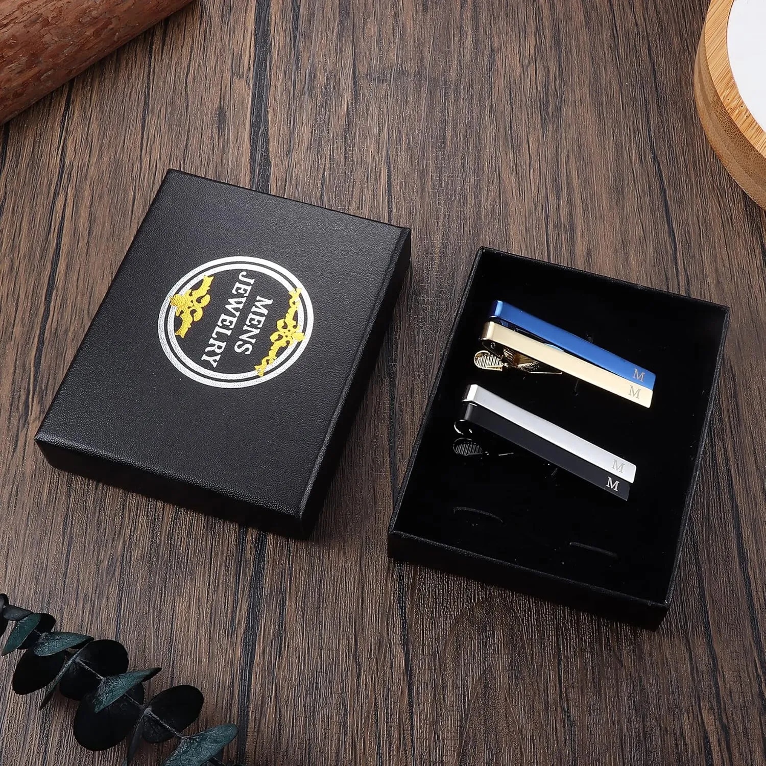 LOYALLOOK 4 Pcs Tie Clips for Men, Black Gold Blue Silver Initial Tie Clip Tie Bar Set, Ideal Gift for Father, Husband, Business, Wedding, Tie Pins with Gift Box